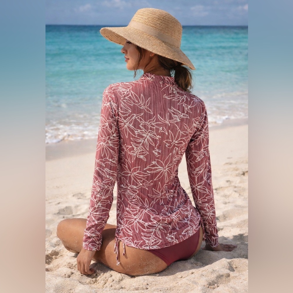 Eddie Bauer Swim Long Sleeve Rash Guard Tropical Print Quarter Zip Size S